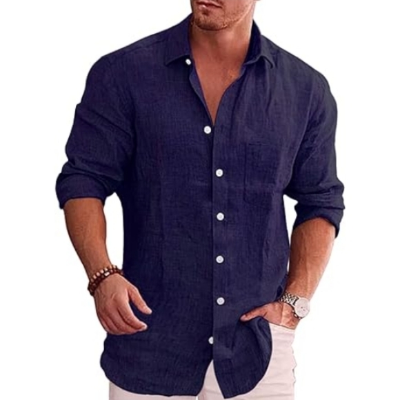 Coofandy Other - Men's Casual Button Down Shirt Long Sleeve Linen Chambray Navy Blue